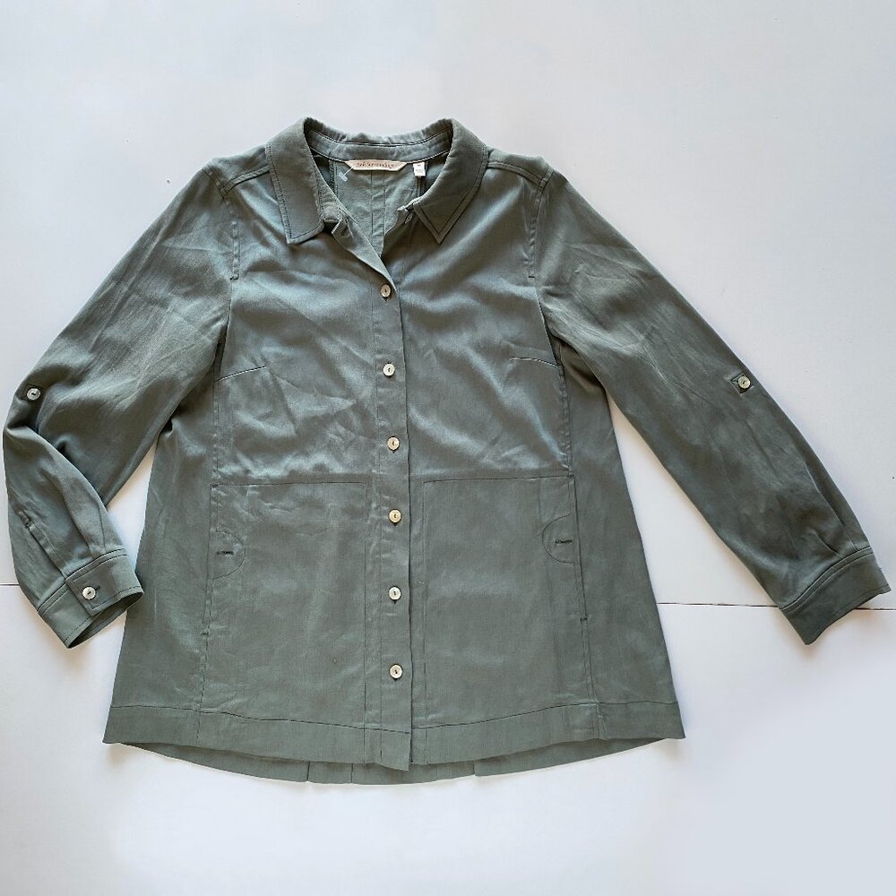 Soft Surroundings Chambray Lyocel Shirt Size XS Green Button Up Top Pockets